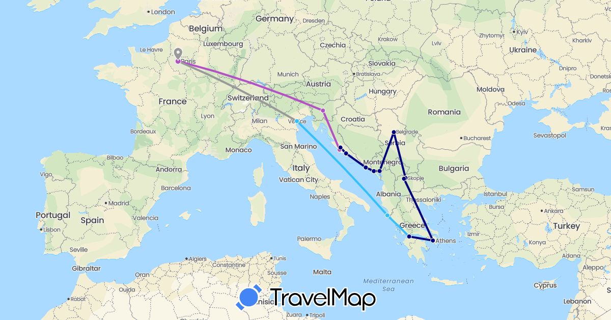 TravelMap itinerary: driving, plane, train, boat in France, Greece, Croatia, Italy, Montenegro, Macedonia, Serbia, Slovenia (Europe)